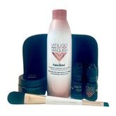 Picture of Vitiligo Cover Kit with bottle, jar, blue dye, black dye, blotter and two sided cosmetic brush.