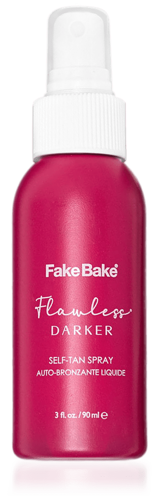 Bright pink mini bottle of Flawless Darker tanner with white sprayer.